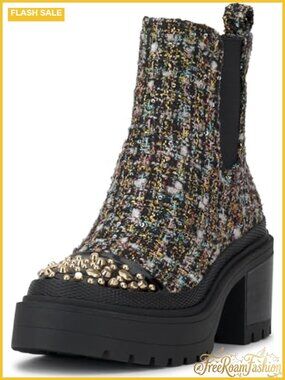 Platform Chelsea Ankle Boots Embellished Toe Tweed Block Heel